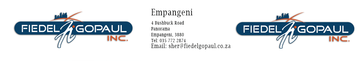  Empangeni Fidel Gopaul Attorneys contat uc on 035 722 28 74. Adress 4 Bushbuck Road Panorama Empangeni