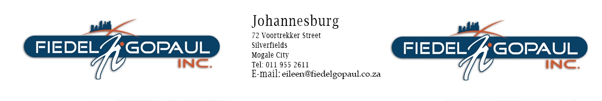 Johannesburg Fiedel Gopaul Attorneys contact us on 011 955 2611.Adress 72 Voortrekker street Silver fields Mogale City